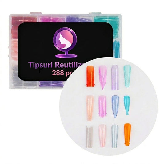 Cutie organizatoare cu tipsuri reutilizabile dual forms color mix de 288 bucati, cu o prezentare rotunda in prim-plan ce contine 12 forme si culori diferite de unghii false