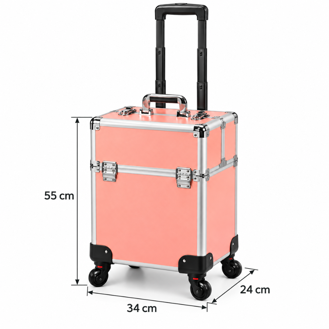 Dimensiune troller make-up profesional roz somon, vedere 3/4, cu structură rigidă, ramă metalică argintie, mâner telescopic retractabil, mâner superior, sisteme metalice de închidere și 4 roți pivotante.