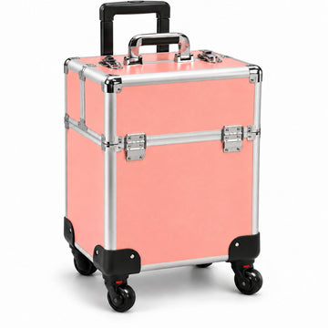 Troller make-up profesional roz somon, vedere 3/4, cu structură rigidă, ramă metalică argintie, mâner telescopic retractabil, mâner superior, sisteme metalice de închidere și 4 roți pivotante.