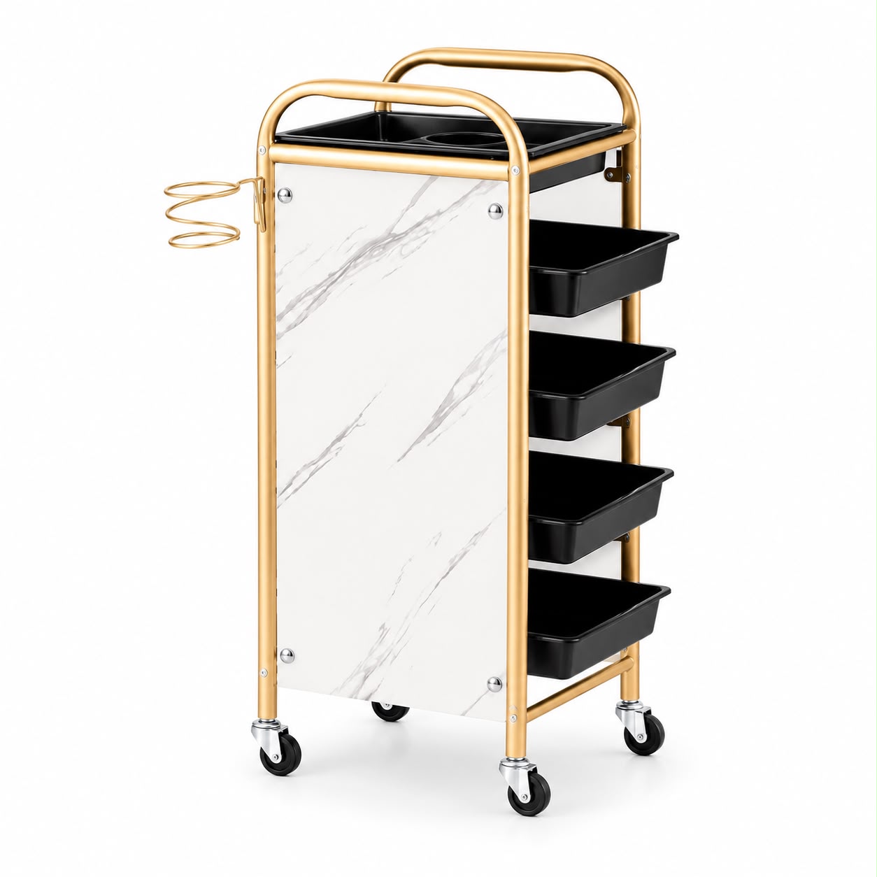 Vedere din profil a ucenicului de salon Marble Gold, prezentand cele 4 sertare culisante din plastic rezistent si rotile pivotante.