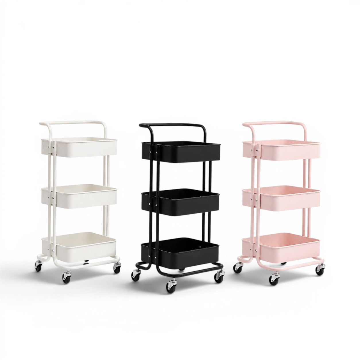 Ucenic metalic multifunctional pe roti cu 3 rafturi de depozitare disponibil in culorile alb, negru si roz.