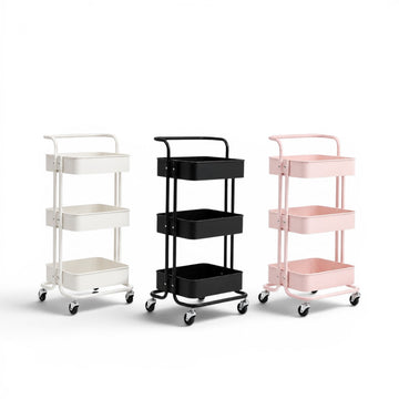 Ucenic metalic multifunctional pe roti cu 3 rafturi de depozitare disponibil in culorile alb, negru si roz.
