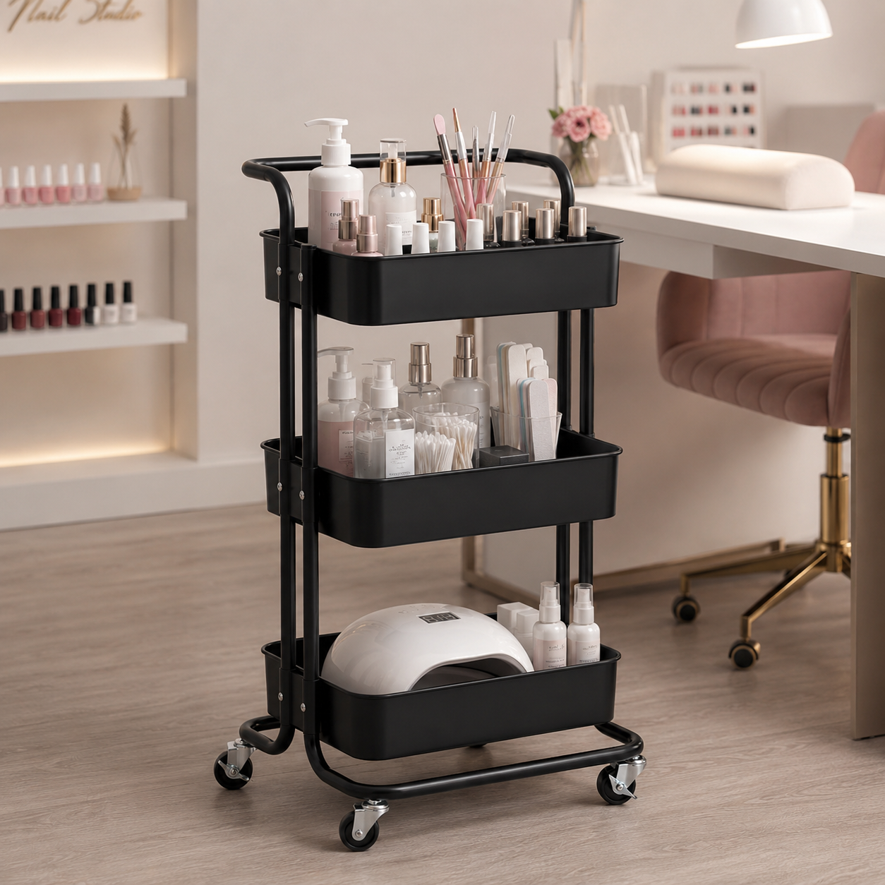 Ucenic metalic negru pe roti incarcat cu produse cosmetice, aparate si recipiente pentru tratamente faciale in salon.