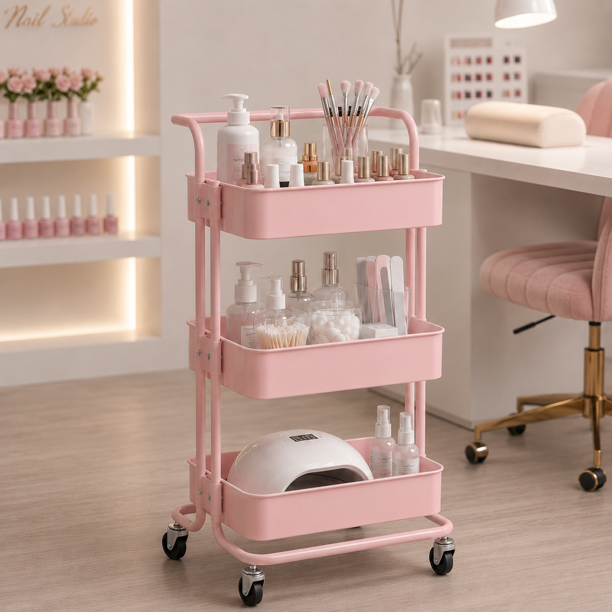 Ucenic metalic roz pe roti organizat cu ustensile, oje si accesorii profesionale pentru manichiura si estetica.