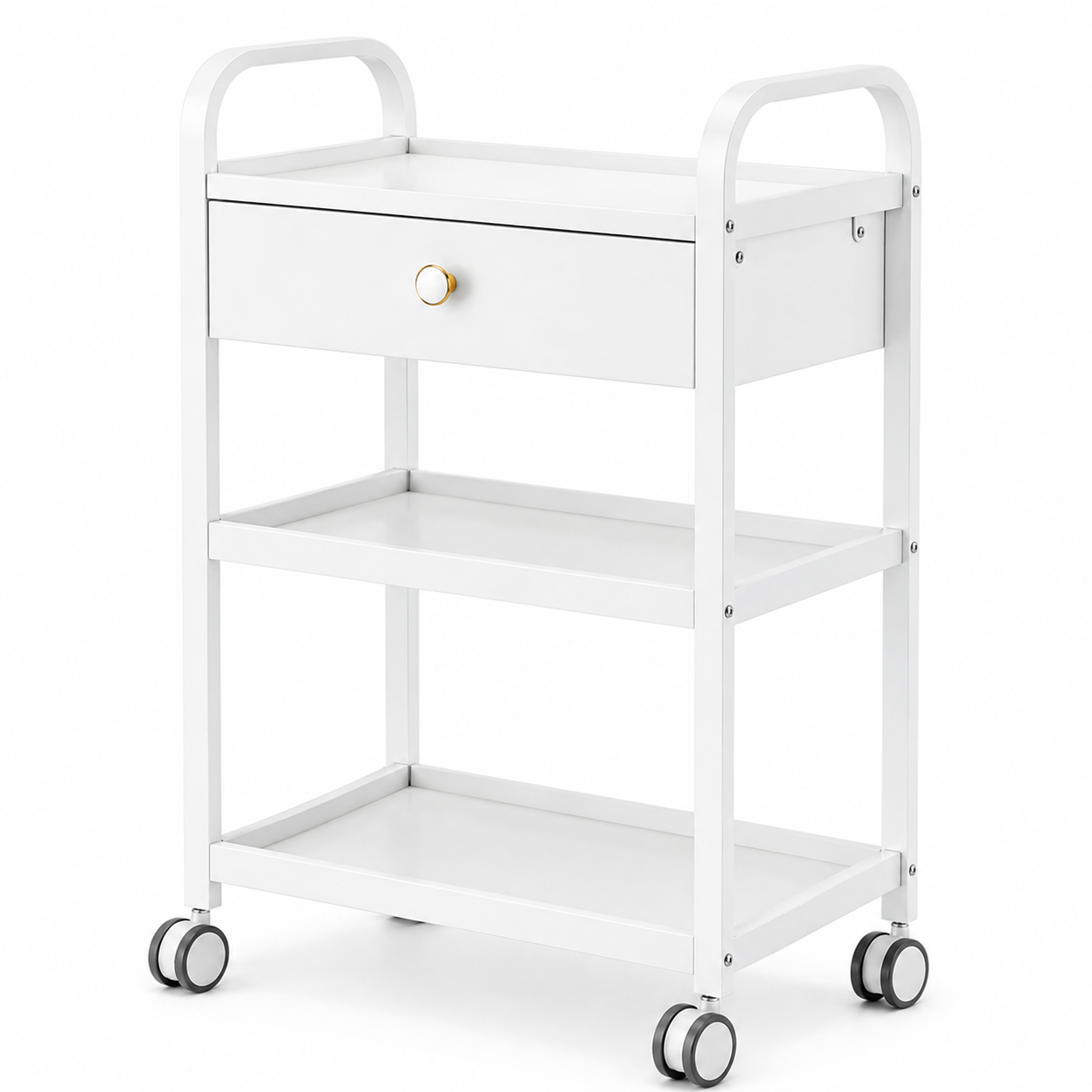 Ucenic profesional de salon complet alb, cu structura metalica, un sertar superior cu maner rotund auriu, doua rafturi deschise si roti, prezentat pe fundal alb.
