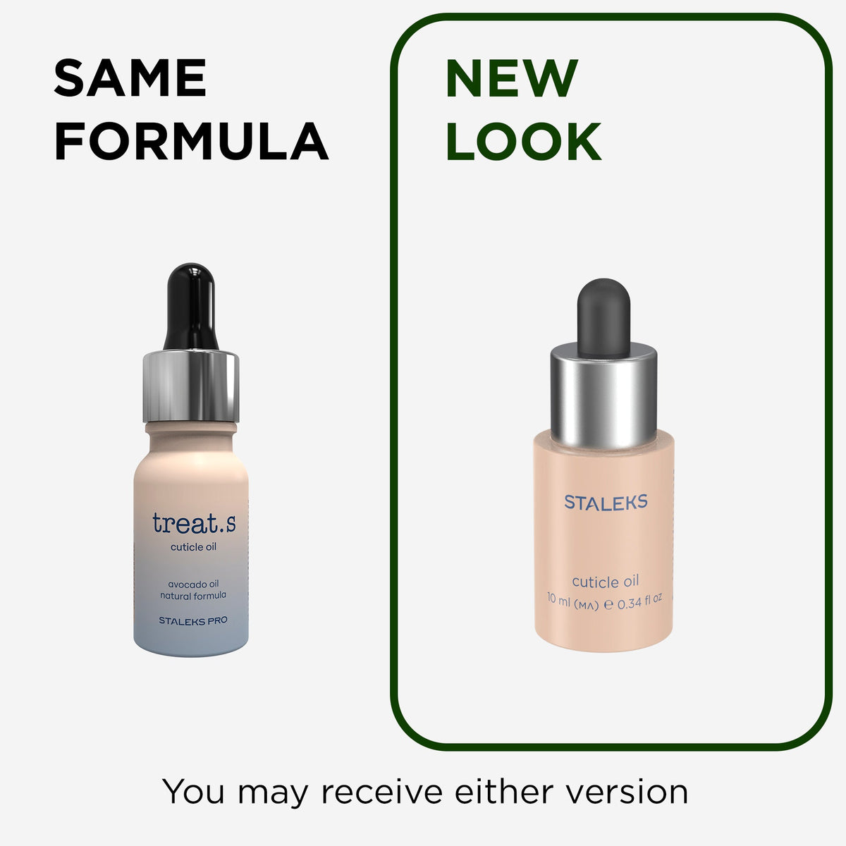 Comparație între ambalajul anterior și noul design al uleiului pentru unghii și cuticule STALEKS NOT-10, 10 ml, cu aceeași formulă.