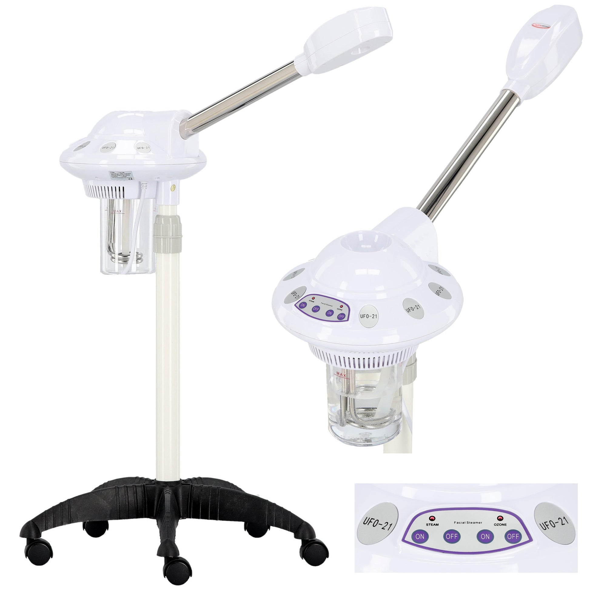 Prezentare din mai multe unghiuri a aparatului vapozon cosmetic UFO-21 pentru tratamente faciale.